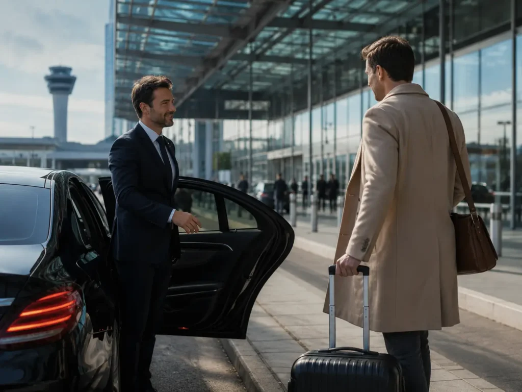 Private chauffeur greeting a traveller beside a premium vehicle