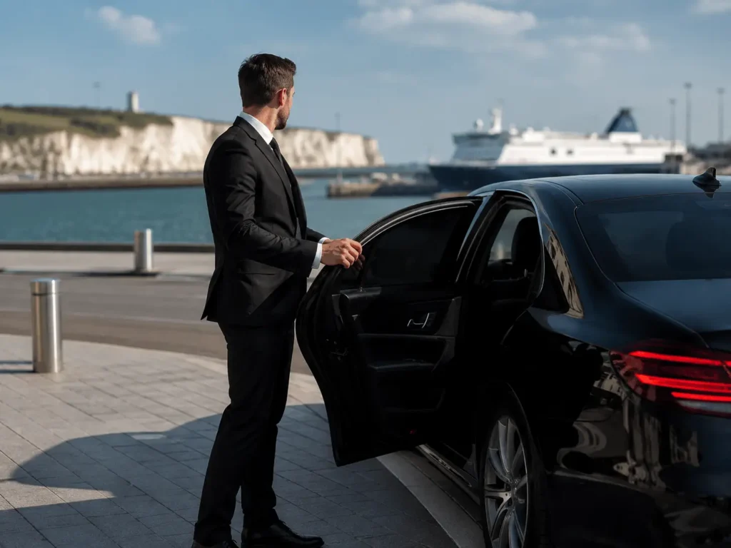 Private chauffeur beside a premium vehicle for a longer-distance journey