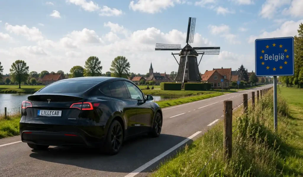 Tesla Model Y travelling in Belgium for a private transfer from Lille