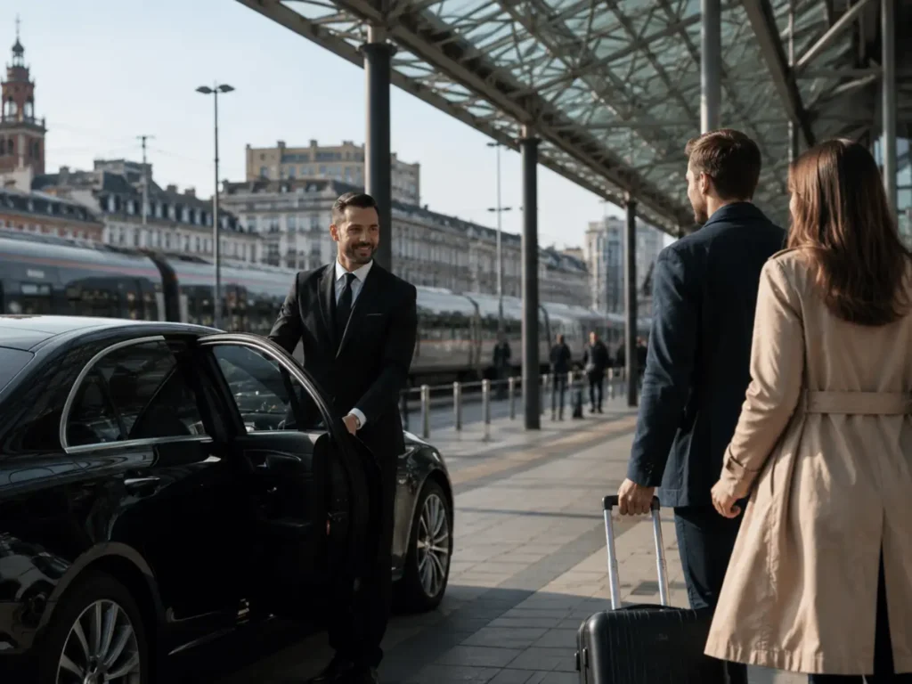 Private chauffeur with travellers beside a premium vehicle
