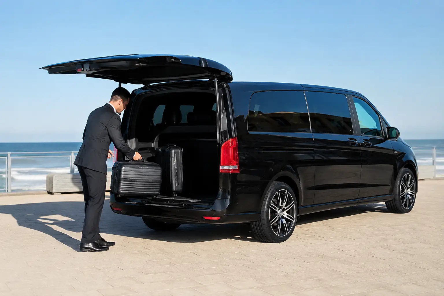 Mercedes V-Class van for Lille to Ostend private transfer, chauffeur loading luggage