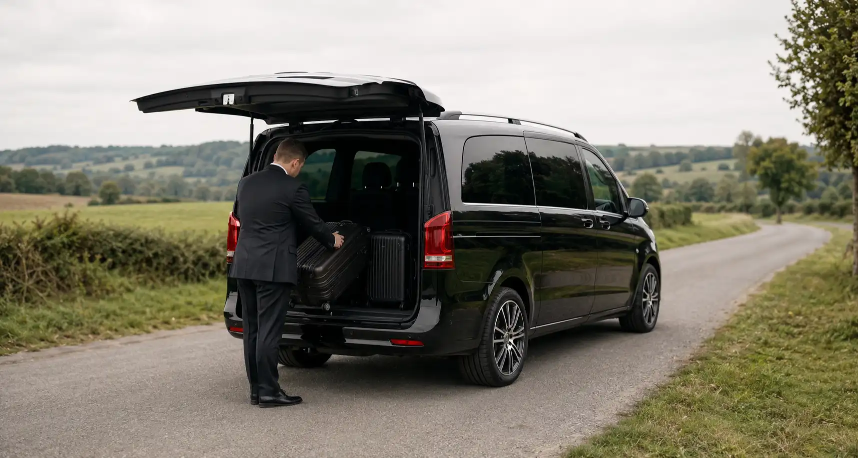 Mercedes V-Class van for Lille to Vimy Ridge private transfer, chauffeur loading luggage