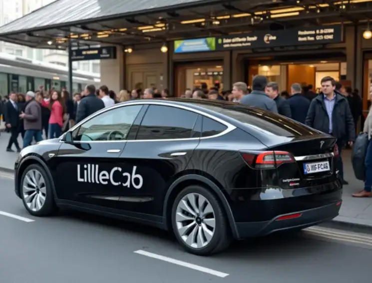 Black LilleCab Tesla Model Y at Lille Europe station